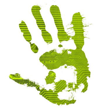 Technological green splatter handprint on white background clipart