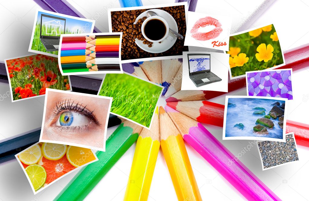 Color pencils in arrange in color wheel colors and several photos on white background