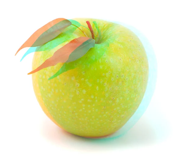 3D anaglyph stereo beeld van groene appel op wit. — Stockfoto