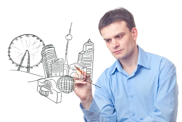 Omul de afaceri desenând un oraș al viitorului — Fotografie, imagine de stoc