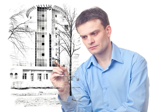 Businessman designs a Office Building — Stock Photo, Image