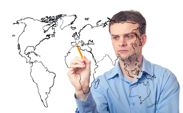 Affärsman Rita karta över världen — Stockfoto