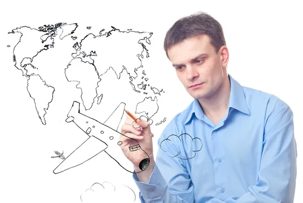 ビジネスマン作図平面と世界地図 — ストック写真