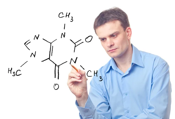 Młody chemik i formuły kofeiny — Zdjęcie stockowe