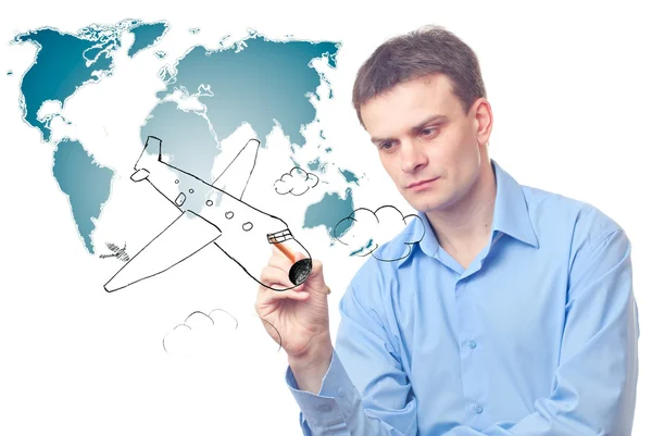 Businessman drawing plane — Stock Photo, Image