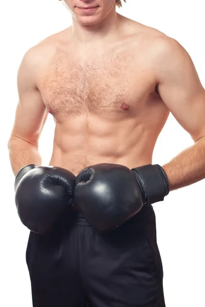 Μπόξερ άνθρωπος με μαύρα γάντια πυγμαχίας. — Φωτογραφία Αρχείου