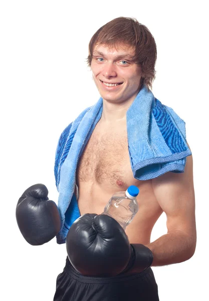 Young caucasian Man boxer with black boxing gloves. — Stock Photo, Image