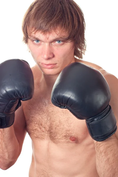 Kaukázusi fiatalember bokszoló fekete Box kesztyű. — Stock Fotó