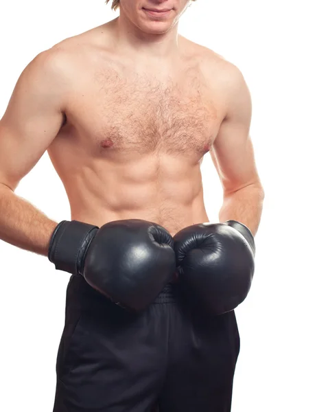 Μπόξερ άνθρωπος με μαύρα γάντια πυγμαχίας — Φωτογραφία Αρχείου