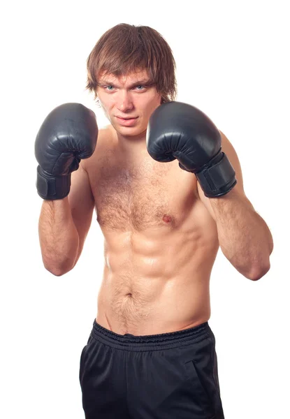 Man bokser met zwarte bokshandschoen voor beginners. — Stockfoto