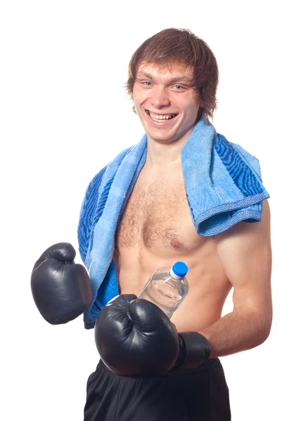 Młody człowiek kaukaski bokser z czarną Rękawice bokserskie. — Zdjęcie stockowe