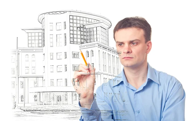 Businessman designs a Office Building — Stock Photo, Image
