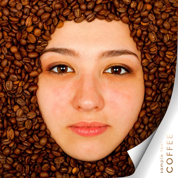 Coffee beans around of face — Stock Photo, Image