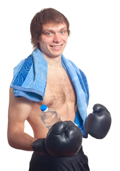 Młody człowiek kaukaski bokser z czarną Rękawice bokserskie. — Zdjęcie stockowe