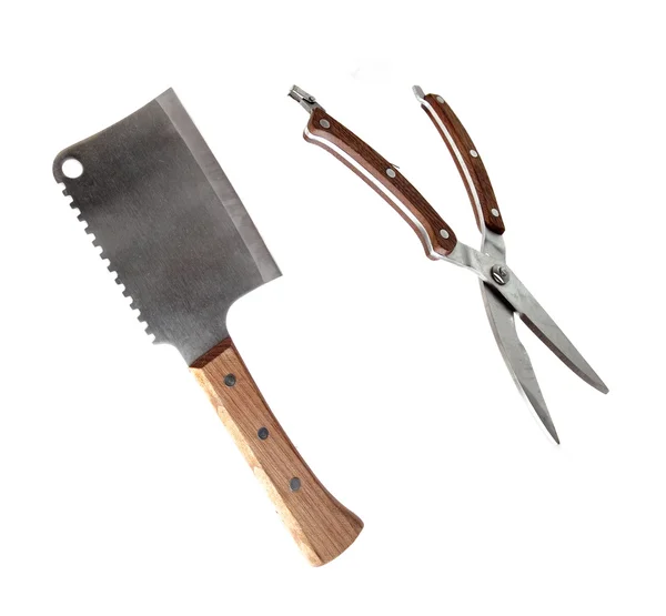 Meat cleaver and kitchen scissors — Stock Photo, Image