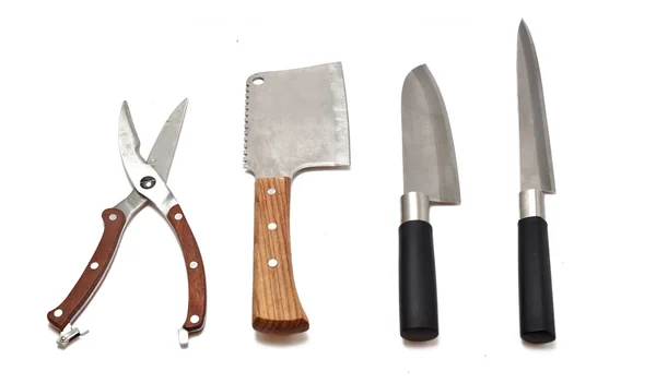Meat cleaver, kitchen scissors and knives — Stock Photo, Image