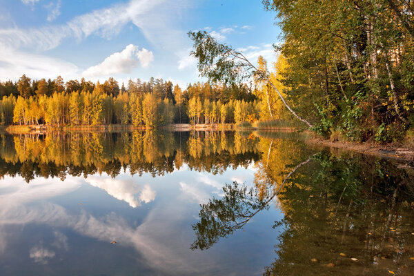 Sunny autumnal lake in the forest