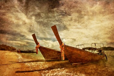 Thai boat in the tropical sea in grunge and retro style clipart