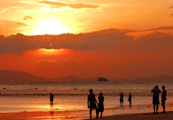 Peoples on beach look to sunset — Stock Photo, Image