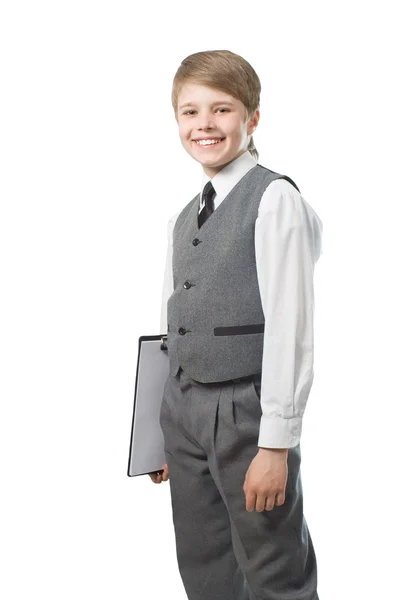 stock image Boy in uniform suit with clipboard, smiling, looking at camera. Isolated on white.