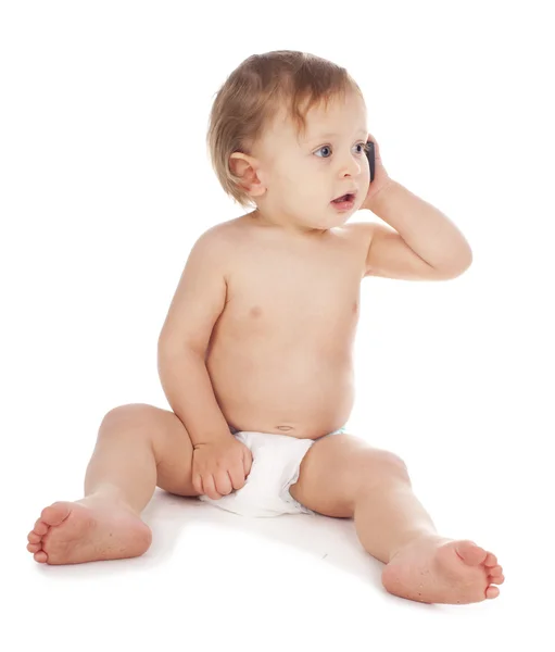 Bebê Com Telefone Isolado Branco — Fotografia de Stock