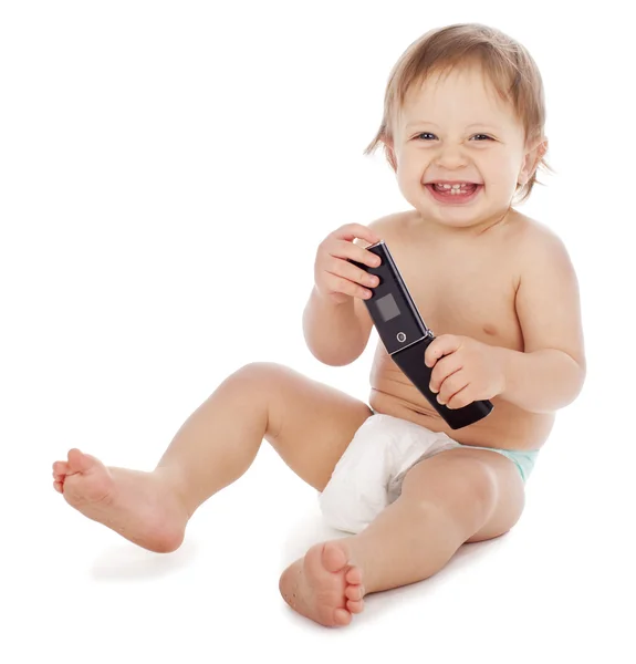 Bebê Com Telefone Isolado Branco — Fotografia de Stock