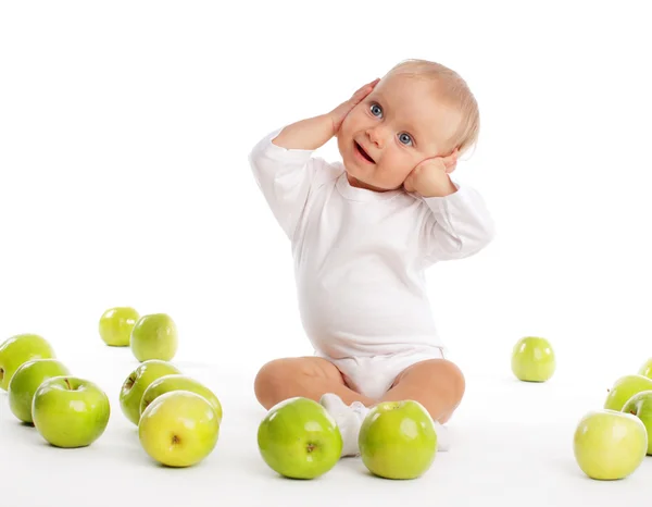 Дитина Яблуком Ізольована Білому — стокове фото
