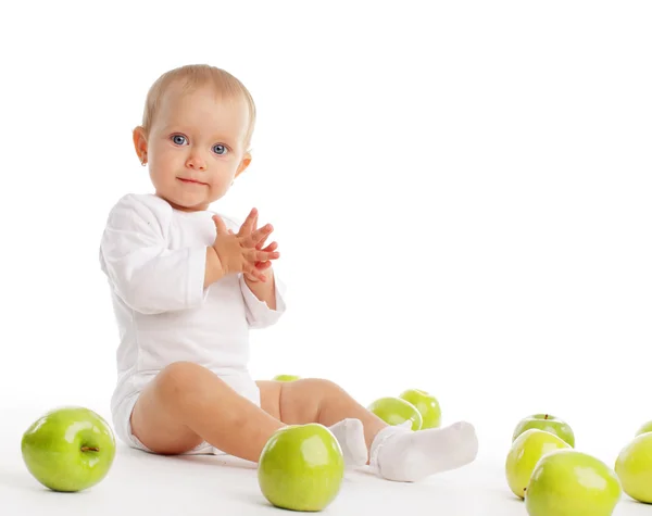 Barn Med Apple Isolerad Vit — Stockfoto