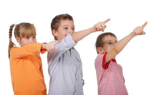 Crianças Felizes Mostrando Dedo Canto — Fotografia de Stock