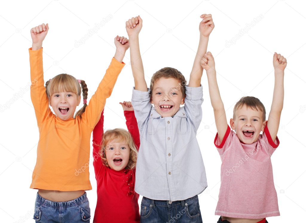 Happy children with their hands up