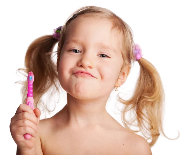 Petite fille avec brosse à dents — Photo