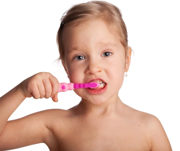 Petite fille avec brosse à dents — Photo