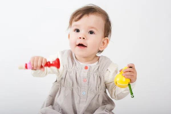 Little Girl Plays Wooden Toys White Background — Stock Photo, Image