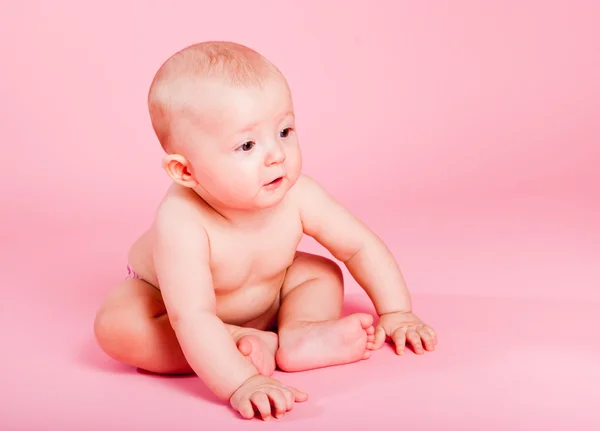 Small Chubby Child Sits Pink Background — Stock Photo, Image
