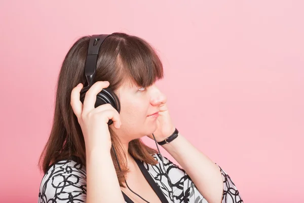 Pregnant Girl Listens Music Ear Phones — Stock Photo, Image
