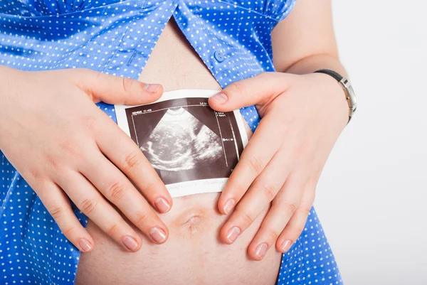 Brzuch kobiety w ciąży z USG, bliska Zdjęcie Stockowe