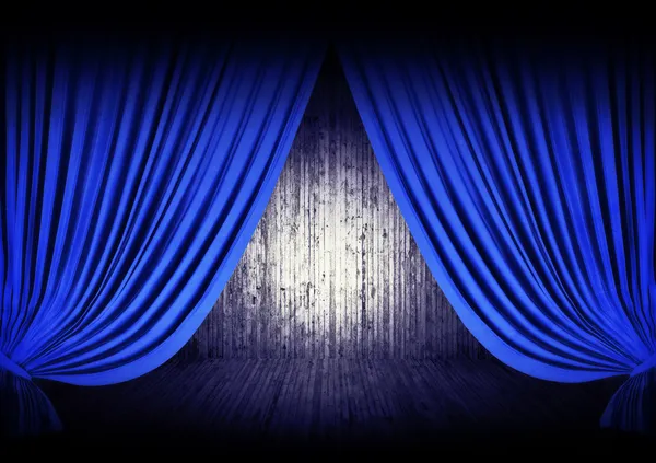Blauwe fase theater gordijnen en donkere kamer — Stockfoto
