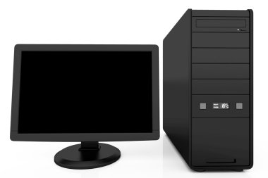 Beyaz arka plan üzerinde siyah masaüstü bilgisayar 3D çizimi