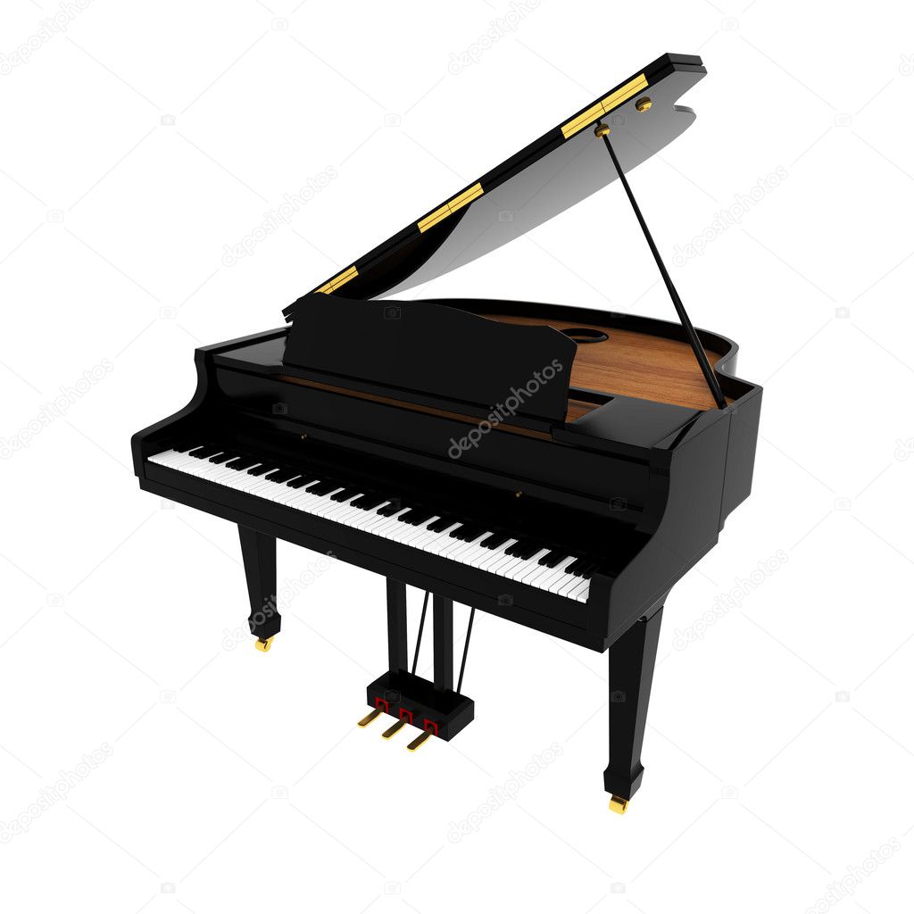 Real black grand piano isolated on white