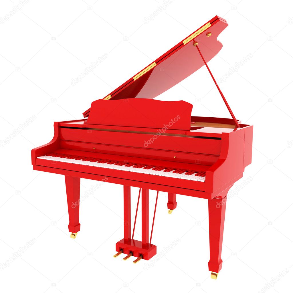 Real red grand piano isolated on white
