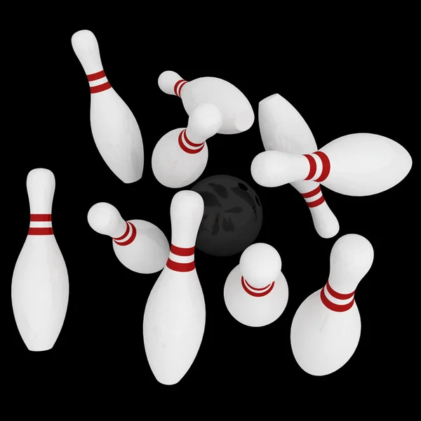 白いスキットルズと黒の背景に黒のボール ボウリング — ストック写真