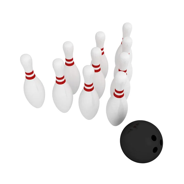 White skittles and black ball on white background, bowling — Stock Photo, Image