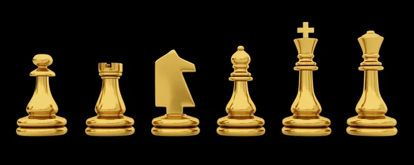 Golden chess pieces isolated on black background — Stock Photo, Image