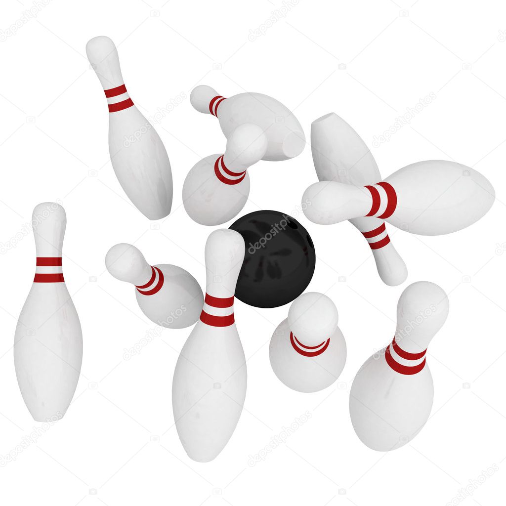 White skittles and black ball on white background, bowling