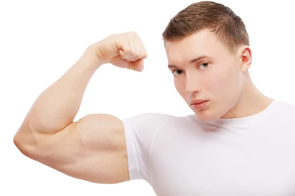 Culturista chico demostrando bíceps — Foto de Stock