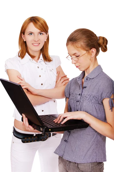 Two girls with notebook — Stock Photo, Image