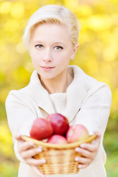 Girl offer basket with apples — Stock Photo, Image