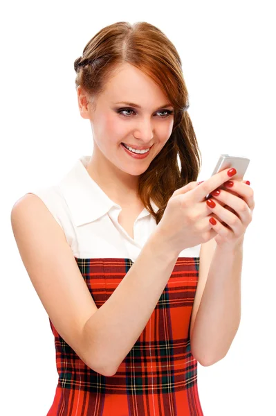 Ung Kvinna Med Mobil Isolerad Vit — Stockfoto