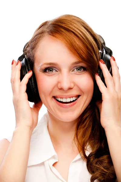 Vacker Ung Kvinna Som Lyssnar Musik Som Isolerad Vit — Stockfoto