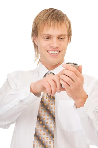 Fiatal szőke férfi mobiltelefon — Stock Fotó